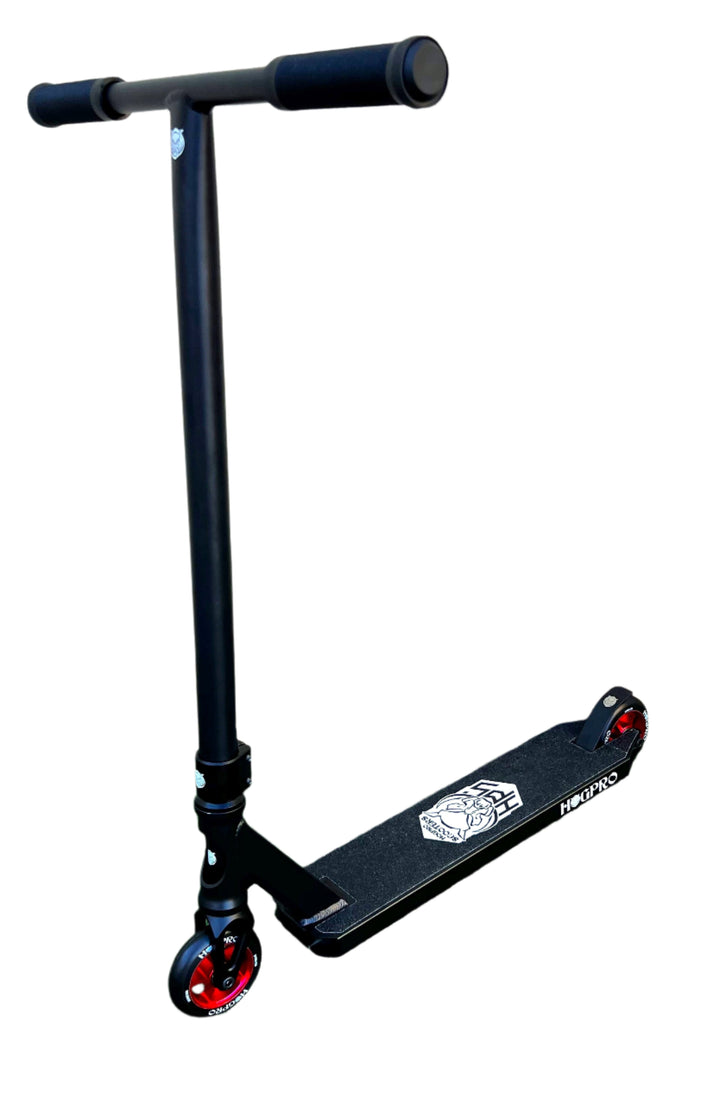 HogPro P2 stunt scooter, Tbar, Black deck with 100mm red core wheels